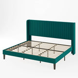 Allewie Queen Size Velvet Bed Frame/Vertical Channel Tufted Wingback Headboard/Upholstered Platform Bed/Strong Wooden Slats/No Box Spring Needed/Easy Assembly/Black