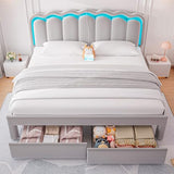 Twin Upholstered LED Bed Frame with Storage Drawer and Adjustable Chic Double Wavy Headboard, Velvet Princess Platform Bed for Kids/Girls, Solid Wood Slats Support, No Box Spring Needed, Beige